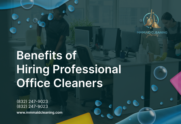 Professional cleaners vacuuming and dusting desks in a modern office, promoting MMMAID Cleaning Services.