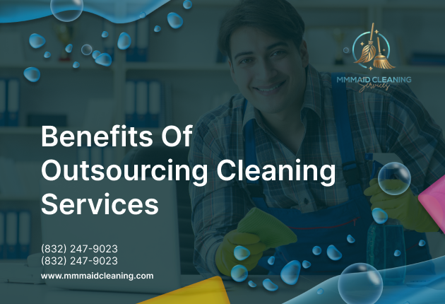 A smiling professional cleaner in blue overalls holding a spray bottle and cloth, promoting cleaning service benefits.