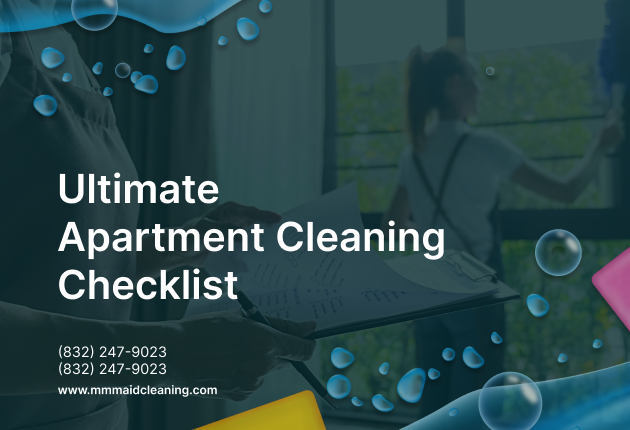 Person holding an apartment cleaning checklist on a clipboard with a maid cleaning windows in the background.